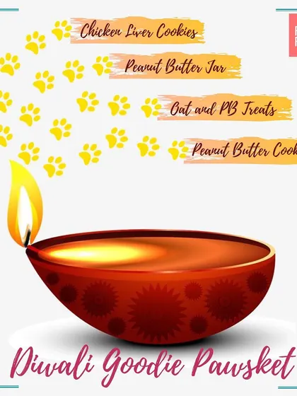 Why should hoomans have all the fun? This graphic shows the delicious contents of our Diwali Goodie Pawsket, including different cookies and treats.
