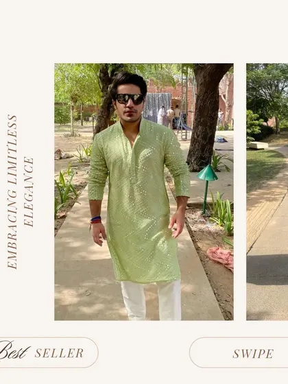 Another look at our pista green kurta, a versatile piece that's perfect for Mehandi functions or sundowner events. The subtle embroidery adds a touch of elegance.