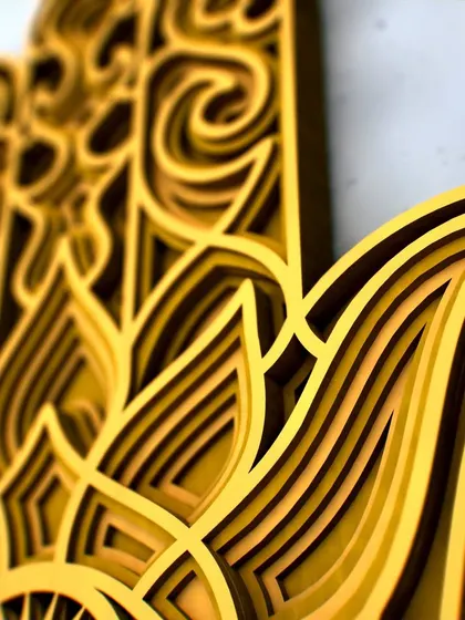This macro view highlights the smooth curves and stacked layers of the Hamsa Hand, demonstrating the sculptural quality that makes our 3D art so unique.