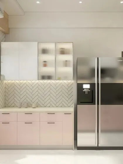 This kitchen design plays with a soft pink and wood-grain finish. The herringbone-patterned backsplash and open shelves with plants add a touch of freshness and texture.