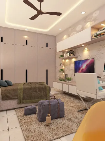 A bedroom that combines a study area and wardrobe in a seamless unit. The neutral color palette and clean lines create a calm and organized environment, ideal for both rest and work.