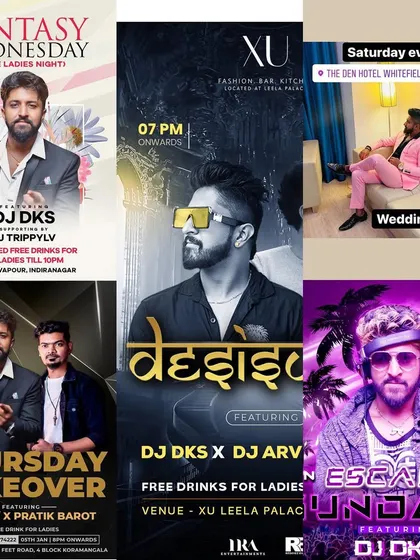 This graphic shows a fully booked week, from a Wednesday ladies' night at Vapour to an 'Escape Sunday' gig. My schedule includes events at top venues like XU at Leela Palace and The Den Hotel.