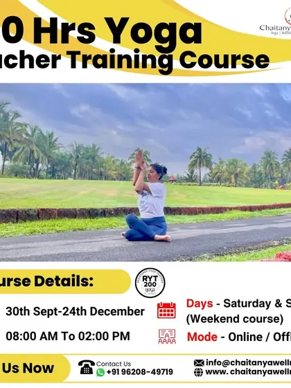 All the details for our 200-Hour Yoga Teacher Training Course. This graphic outlines the dates, timings, and format for our upcoming weekend batch.