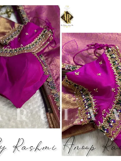 A magenta blouse with heavy, multi-layered embroidery on the sleeves. The use of pearls and dark green thread adds depth and richness to the design.