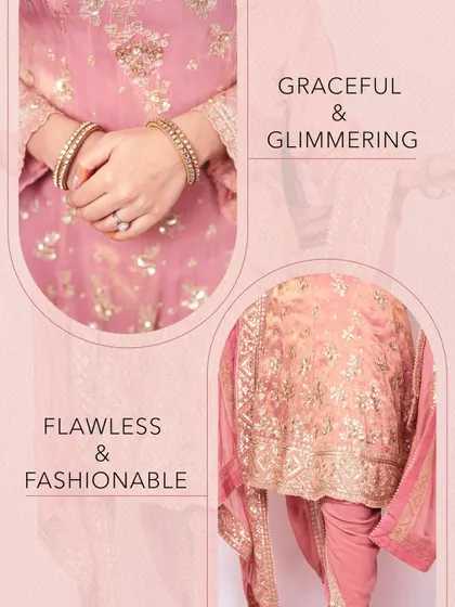 Graceful and glimmering details. This close-up shows the beautiful gold embroidery and sequin work on a soft pink traditional suit.