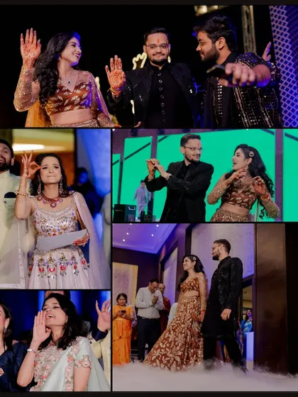 This collage captures the full party atmosphere of Neha and Vivek's Sangeet. It shows the couple dancing, friends cheering, and family members joining in the celebration.