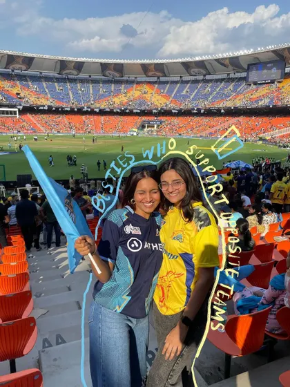 Besties who support opposite teams. A fun photo from the stadium with doodles to show our friendly rivalry.