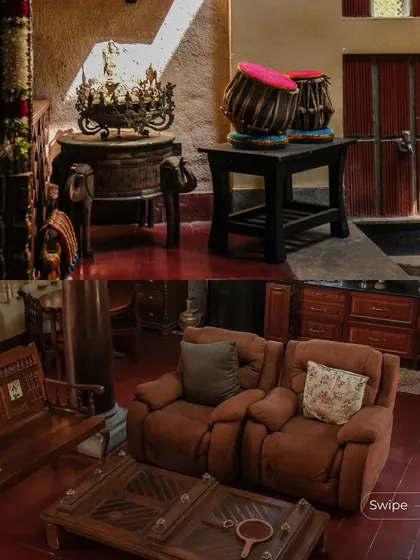 A collage showing traditional Indian decor, including a tabla set and antique brass vessels, which enrich the cultural narrative of the Padmaja Rao Residence.