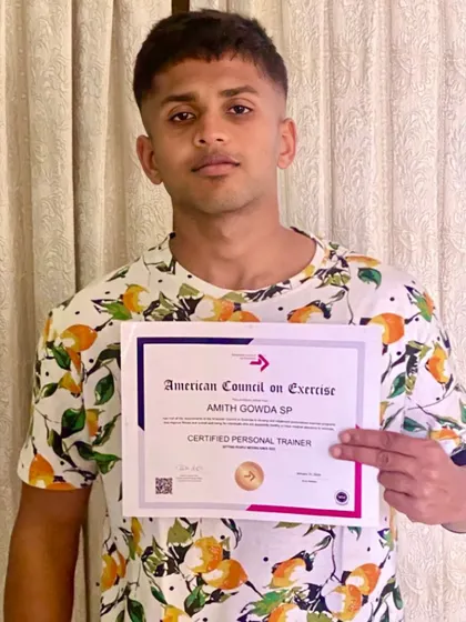 Congratulations to Amith Gowda on passing his ACE Personal Trainer certification exam. It's wonderful to see his efforts pay off as he becomes a certified fitness professional.