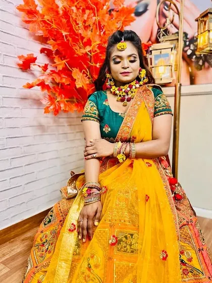 The final result of a student's work on a Haldi makeup look. We conduct regular competitions and practical sessions to help students refine their skills.