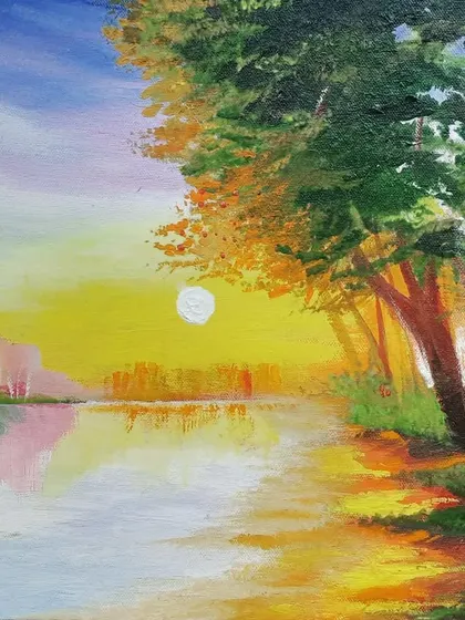 A landscape painting of a sunset over a lake, created with acrylic colors. I enjoy playing with light and reflection to create peaceful nature scenes like this.