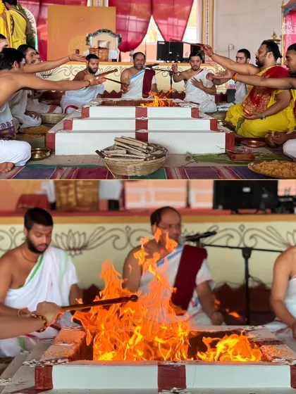 A collage showing the priests making offerings into the fire during the Rama Tarak Homa. This ceremony is performed to chant the name of Rama and spread his divine energy.