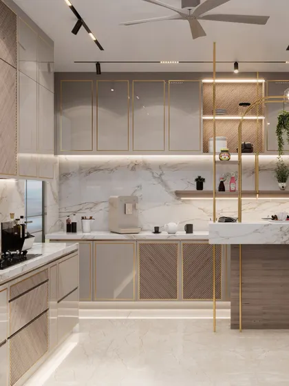 An overview of the Gurugram kitchen, highlighting the combination of PU, veneer, and golden profiles. The open shelving with integrated lighting adds a touch of luxury and provides a beautiful display area.