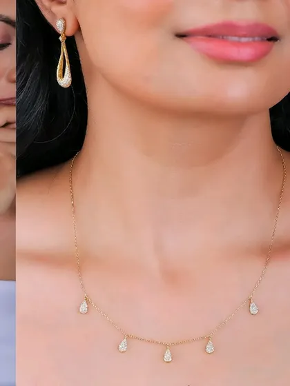 A collage showing a matching set of teardrop-shaped earrings and a necklace. This format is great for e-commerce as it displays how different pieces from a collection can be worn together.