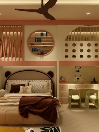 I believe kids' rooms should be magical and functional. For this shared bedroom, I designed custom bunk beds with integrated play elements, a cozy study nook, and smart storage solutions, all wrapped in a warm, playful aesthetic that sparks joy and imagination.