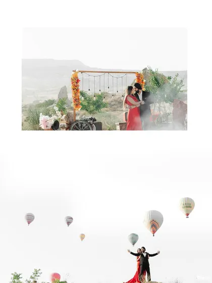 A dreamy collage from Cappadocia, Turkey, combining a romantic setup with the iconic view of hot air balloons at sunrise.