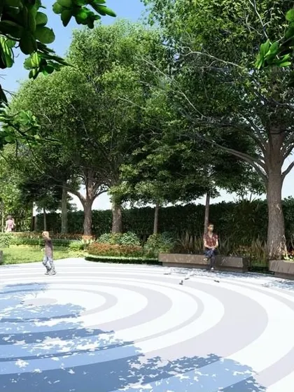 A public plaza at 'Villa On Sky' with a dynamic circular pavement pattern, surrounded by trees and seating, designed to be a central hub for residents.