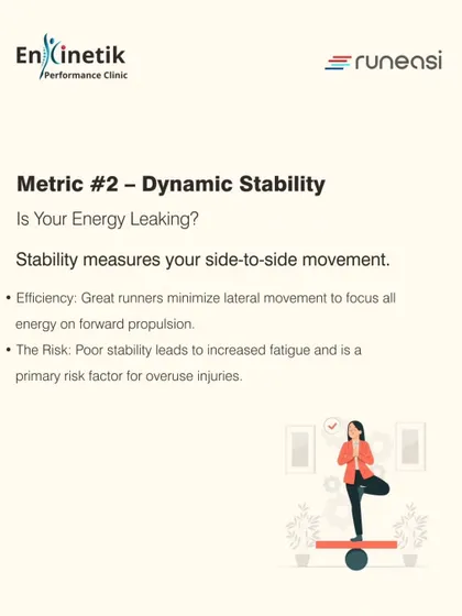 Metric two is Dynamic Stability. This measures wasteful side-to-side movement. Improving stability means more of your energy goes into forward propulsion, reducing fatigue and the risk of overuse injuries.