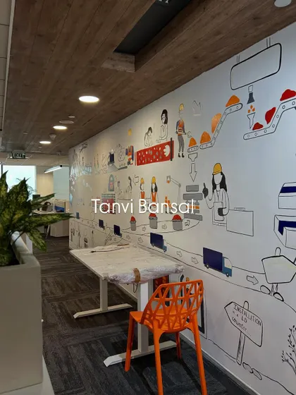 A view of the RHI Magnesita mural in its office environment. The artwork completely transforms the corridor, making it a point of interest and conversation.