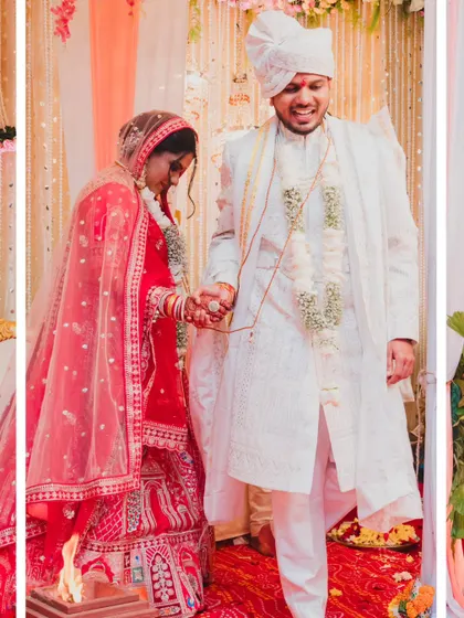 The couple taking their first steps together as husband and wife during the Pheras, a symbolic start to their new journey.