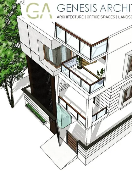 A 3D model of a minimalist residential building. This view highlights the interplay of balconies, windows, and screening elements that provide both private outdoor areas and carefully controlled natural light for the apartments inside.