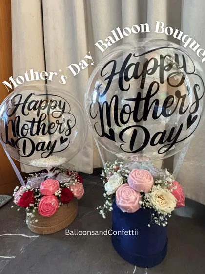 Two beautiful examples of my custom Mother's Day hot air balloon bouquets. You can choose the size, box color, and flower type to make it just right for your mom.