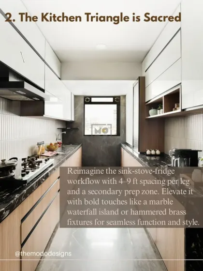 The kitchen triangle is sacred. We design the sink-stove-fridge workflow with optimal spacing and often add a secondary prep zone for seamless function and style.