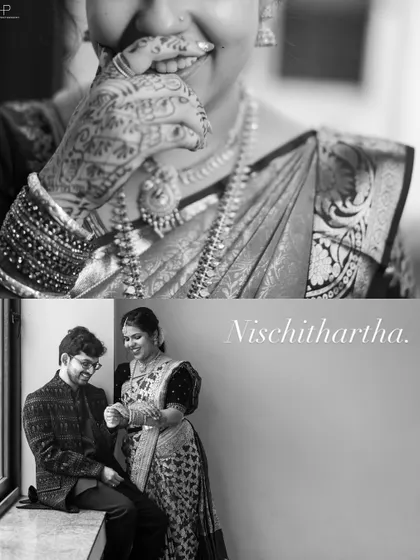 A black and white collage celebrating a Nischithartha. The top frame focuses on the bride's joyful smile and henna-adorned hand, while the bottom shows a sweet moment between the couple.