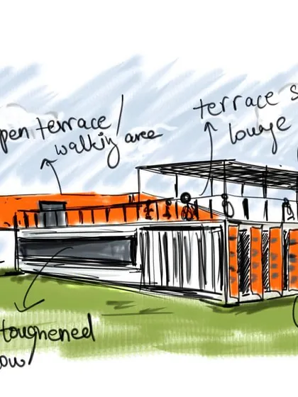 This is the initial concept sketch for 'Cafe Infinity'. It details key features like the open terrace, canopy, and louvers to block the sun, showing how our design process begins.