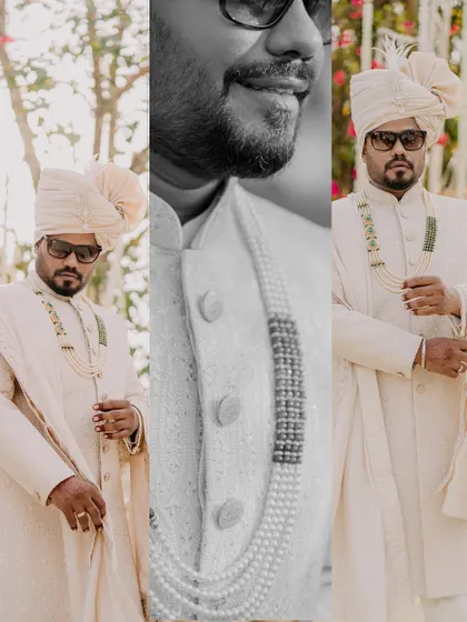 A triptych of the groom, showing a full portrait, a close-up of his smile, and a detail of his sherwani. This format provides a complete look at his wedding day attire and mood.