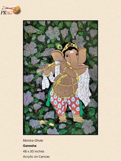 A playful Ganesha by Monica Ghule, depicted with a flute against a backdrop of lush foliage, blending divine charm with natural beauty.