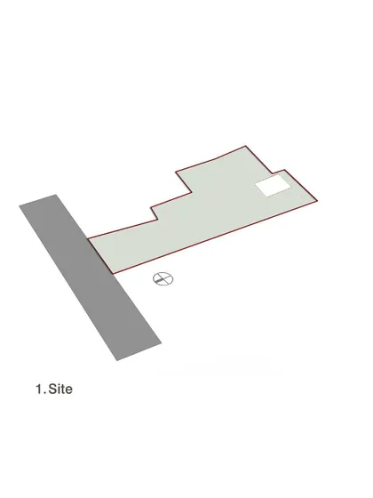 The design process for Aspire School began with analyzing the site. This diagram shows the first step in planning the building's layout to optimize its relationship with the surrounding environment and climate.