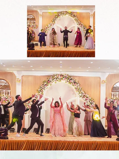 A fun group dance performance on stage during an engagement party. Our spacious stage can accommodate the whole family.