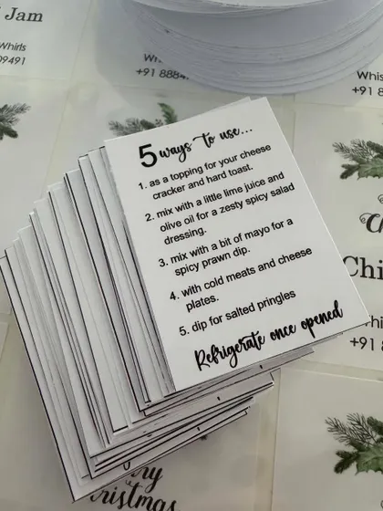 We also create helpful instruction cards, like these '5 ways to use...' cards for a chili jam product, adding value for the customer.