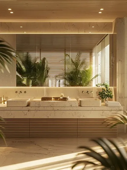 We designed this bathroom to feel like a tropical retreat. The double vanity is made from travertine marble, surrounded by lush plants and natural light, creating a calm and refreshing space to start your day.