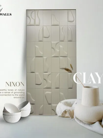 Inspired by the nature of clay, this 'Nixon' panel is designed with earthy tones and abstract shapes. The textured, 3D forms offer a very distinctive and organic approach to modern paneling.