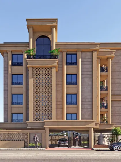 The front elevation of the classical apartment building, speaking volumes of elegance and innovation. The design features grand columns, arched windows, and decorative jaali work.