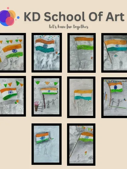 A collage of Indian flag drawings made by our students to celebrate Independence Day, using both oil pastels and pencil sketching.