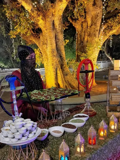 This shot captures the magical ambiance of the Arabian Paan Station at night, set against a beautifully lit tree. It shows how my setups enhance the overall decor of your venue.