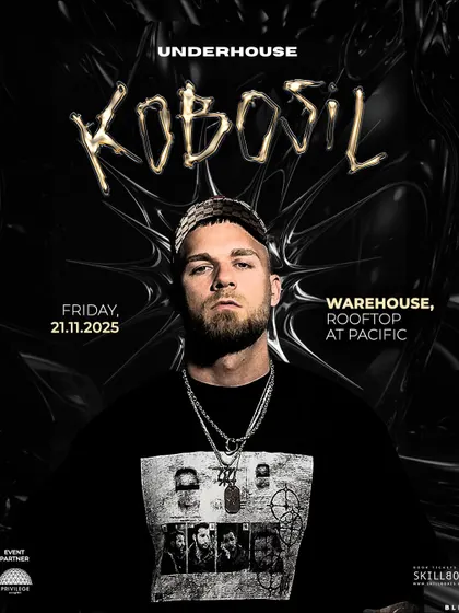 A poster for a hard techno night featuring Kobosil at a warehouse rooftop venue.