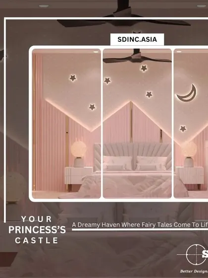 A dreamy bedroom design for a daughter's "princess castle." The room features a pink color scheme with star and moon wall lights, creating a fairy tale-like ambiance.