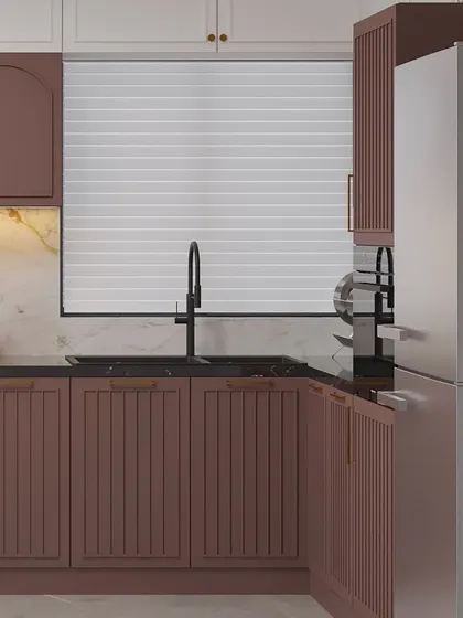 A render of a kitchen with beautiful mauve-colored cabinets, offering a unique and sophisticated color choice.