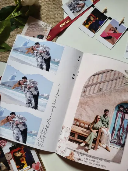 Another beautiful spread from a custom magazine, capturing candid moments from a couple's vacation. It’s a way to preserve travel memories in a unique and stylish format.