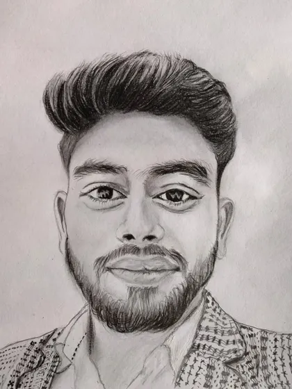 A commissioned portrait with a focus on the patterned jacket and facial hair, all rendered in detailed graphite.