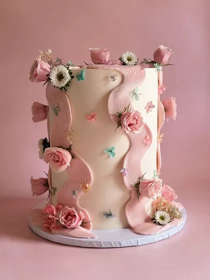 An artistic and aesthetic cake with pink fondant waves and delicate flowers and butterflies. This design teaches modern, abstract decorating techniques.