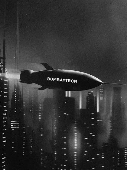A sleek, bomb-shaped vessel flies over the art-deco-inspired cityscape of 'Bombaytron'. This series is my homage to black-and-white film noir and retro-futuristic aesthetics.