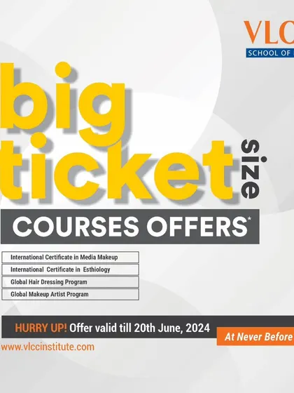 An advertisement for "Big Ticket Size Courses Offers" on my international certificate programs in Media Makeup, Hair Dressing, and more.