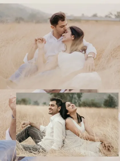 Two beautiful portraits from a rustic golden hour session. The warm tones of the field perfectly complement the romantic mood, showing how we create a cohesive and dreamy set of images.