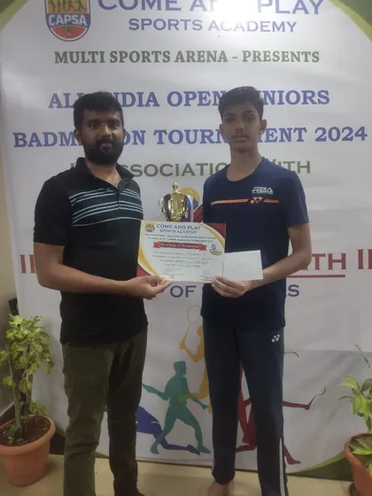 Coach Rohit with our student Shivaraj K., the winner of the CAPSA All-India Open Junior Tournament in the Under-15 Singles category.