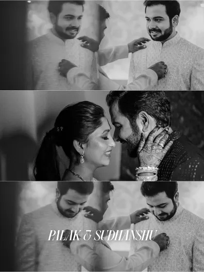 A moody black and white collage capturing intimate getting-ready moments and a loving glance between the couple.